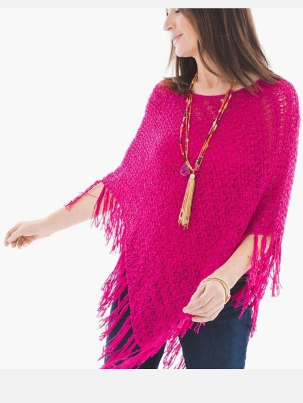 Chico's Francis Triangle Fringe Poncho In Europa Pink NEW